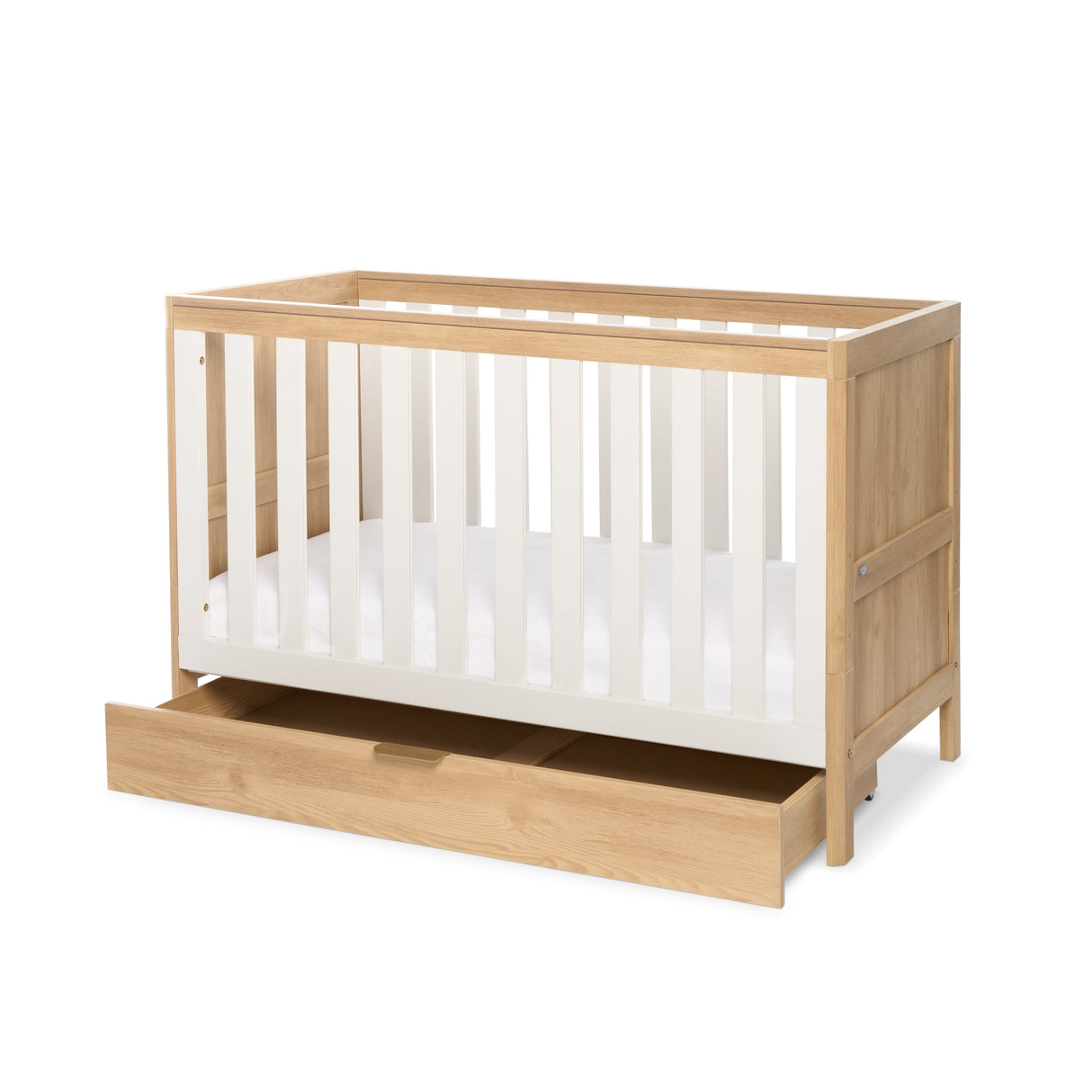 Tutti Bambini Riley Mini Cot Bed with Drawer - Maple Oak & White