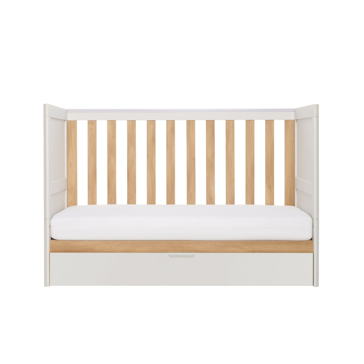 Tutti Bambini Riley Mini Cot Bed with Drawer - White & Maple Oak