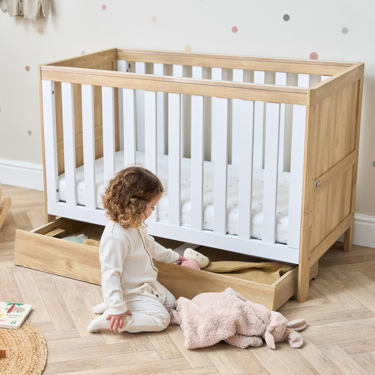 Tutti Bambini Riley Mini Cot Bed with Drawer - Maple Oak & White