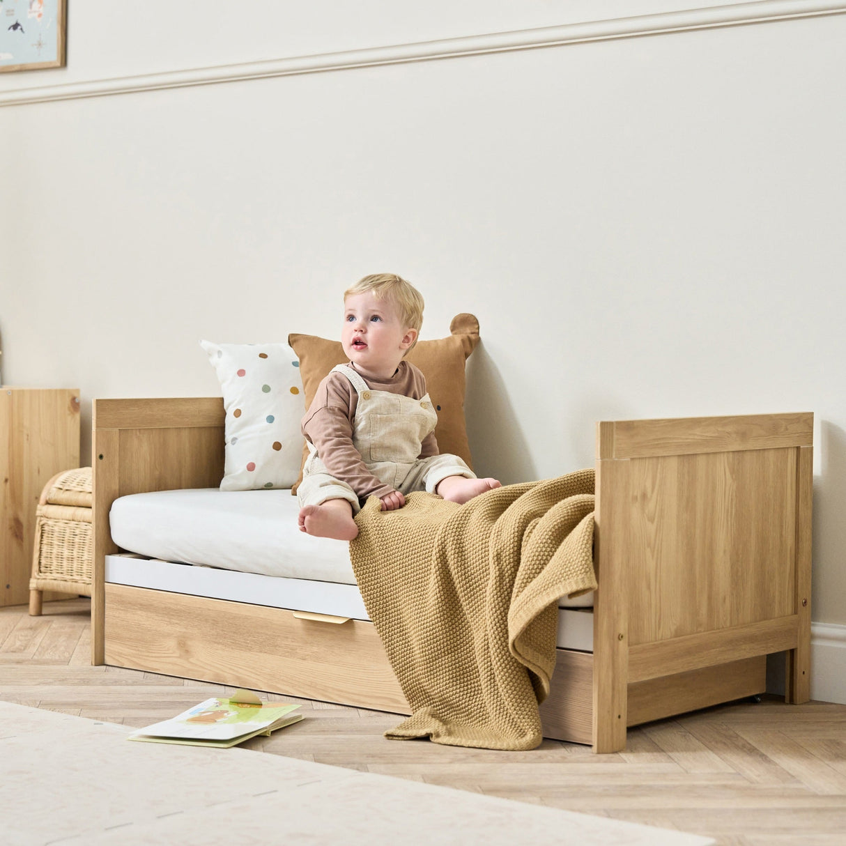 Tutti Bambini Riley Mini Cot Bed with Drawer - Maple Oak & White