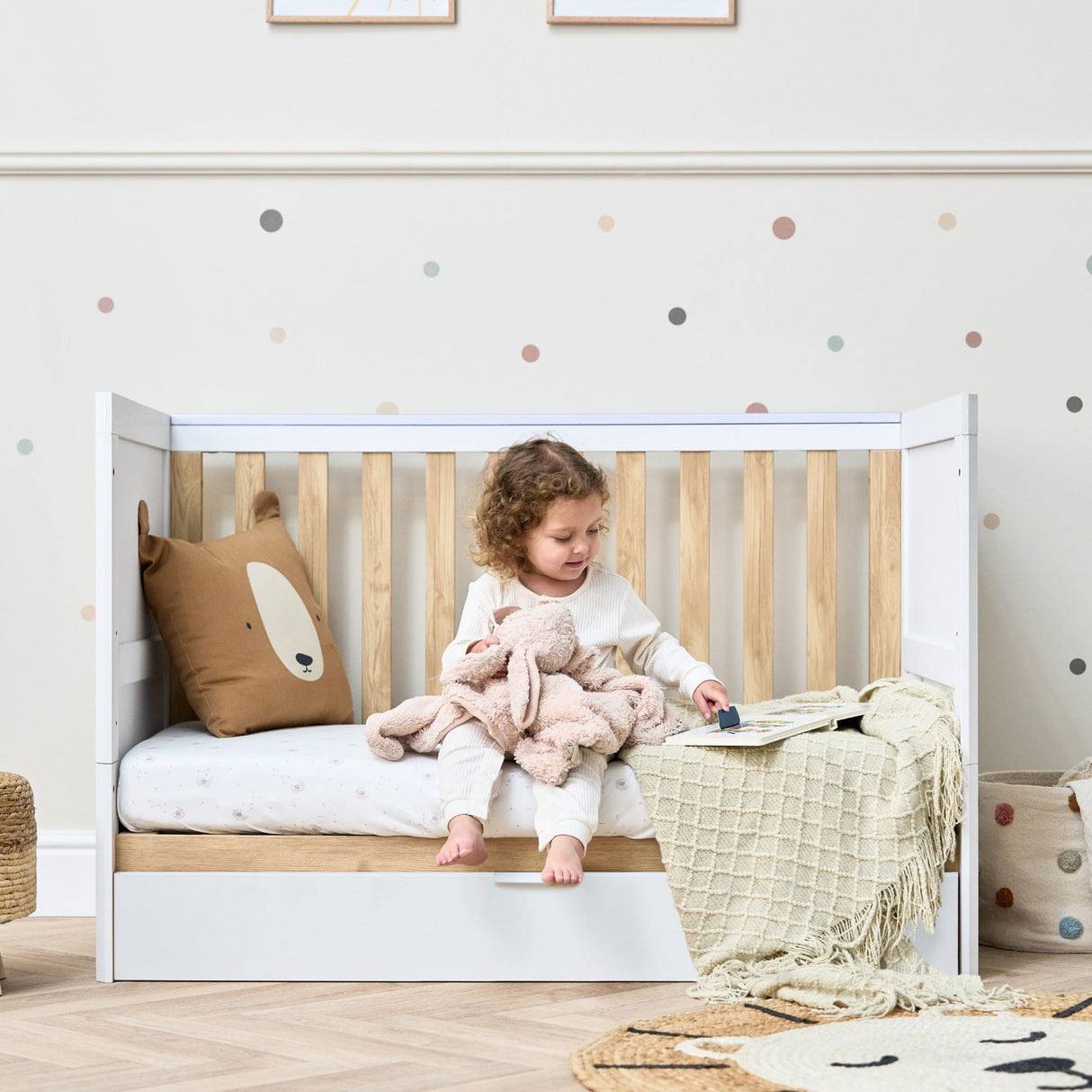Tutti Bambini Riley Mini Cot Bed with Drawer - White & Maple Oak