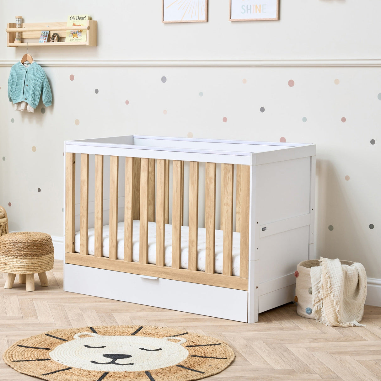 Tutti Bambini Riley Mini Cot Bed with Drawer - White & Maple Oak