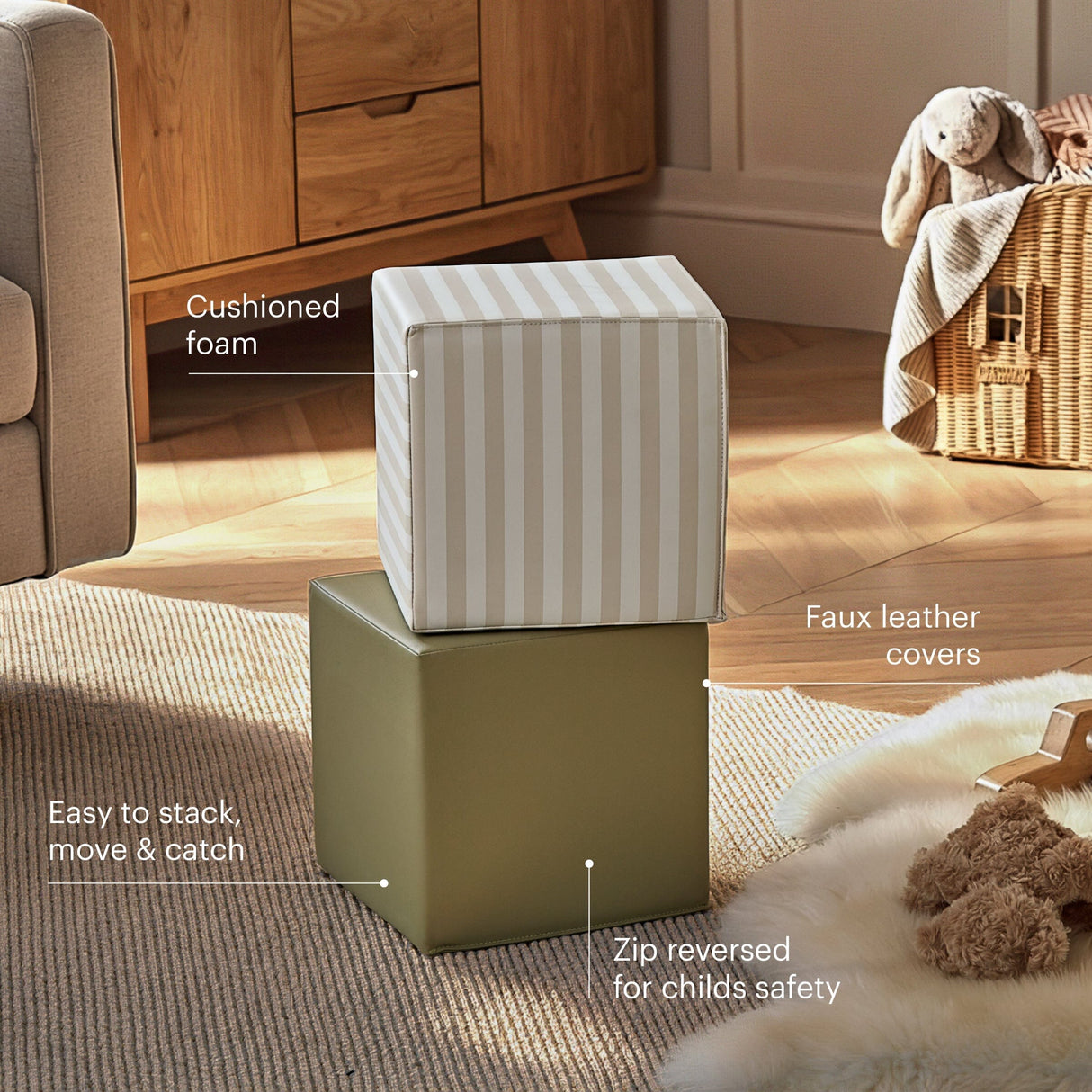 CuddleCo Soft Play Cubes 2 Piece - Cookie Stripe & Olive