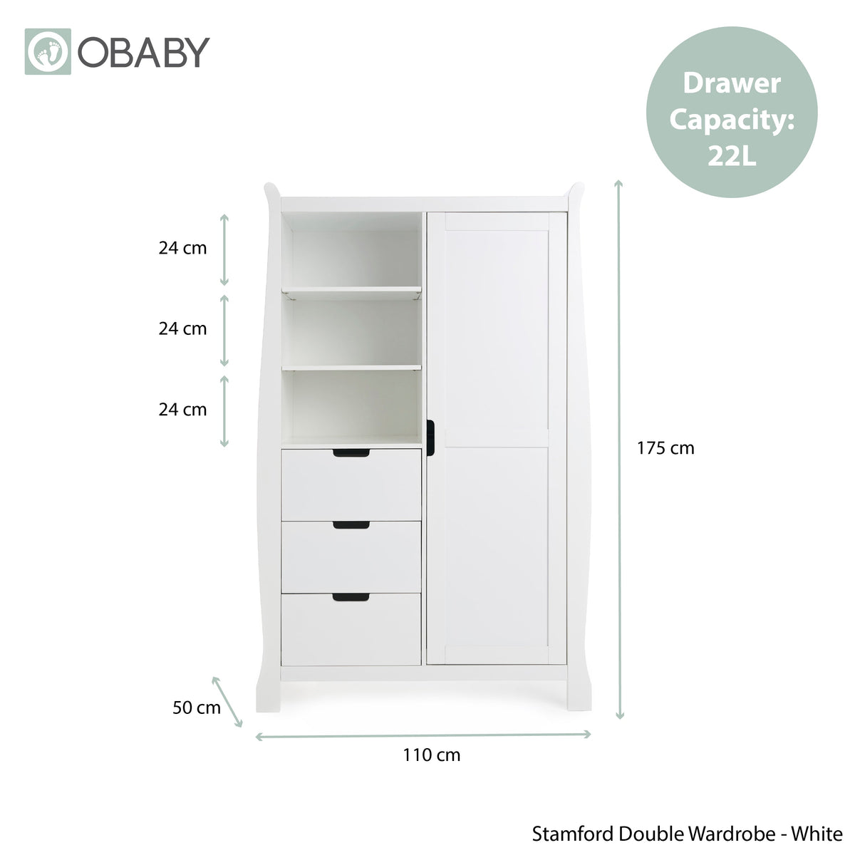 Obaby Stamford Sleigh Double Wardrobe - White
