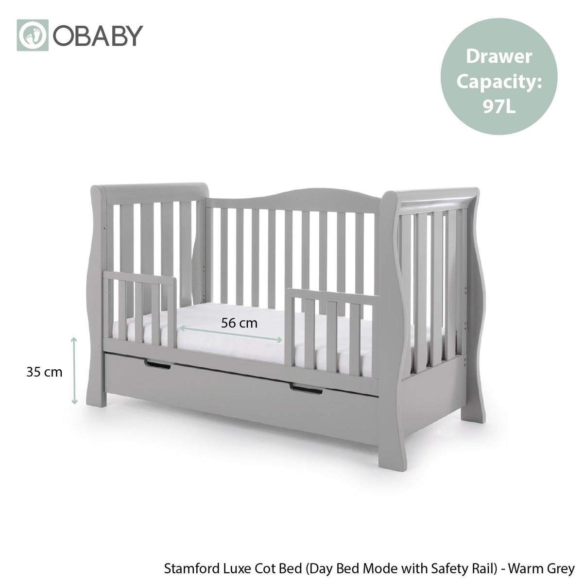 Obaby Stamford Luxe Sleigh Cot Bed - Warm Grey