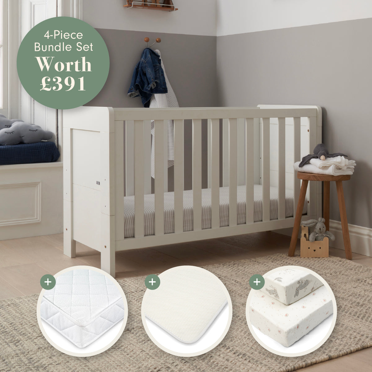 Tutti Bambini Supreme Alba Mini Cot Bed, Mattress & Bedding Bundle - Cocoon