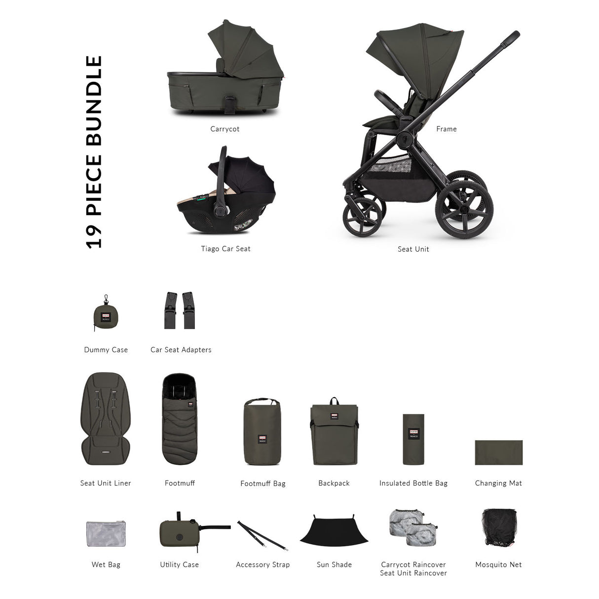 Venicci x Hunter Upline 3 Comfort 3in1 Tiago 360 Car Seat Bundle - Dark Olive