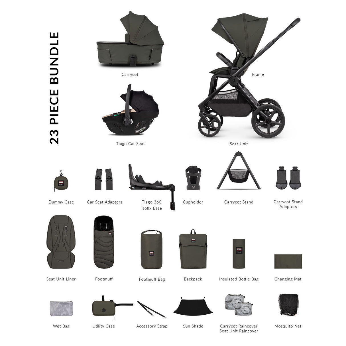 Venicci x Hunter Upline 3 Ultimate 4in1 Plus Tiago Car Seat & 360 Base Bundle - Dark Olive