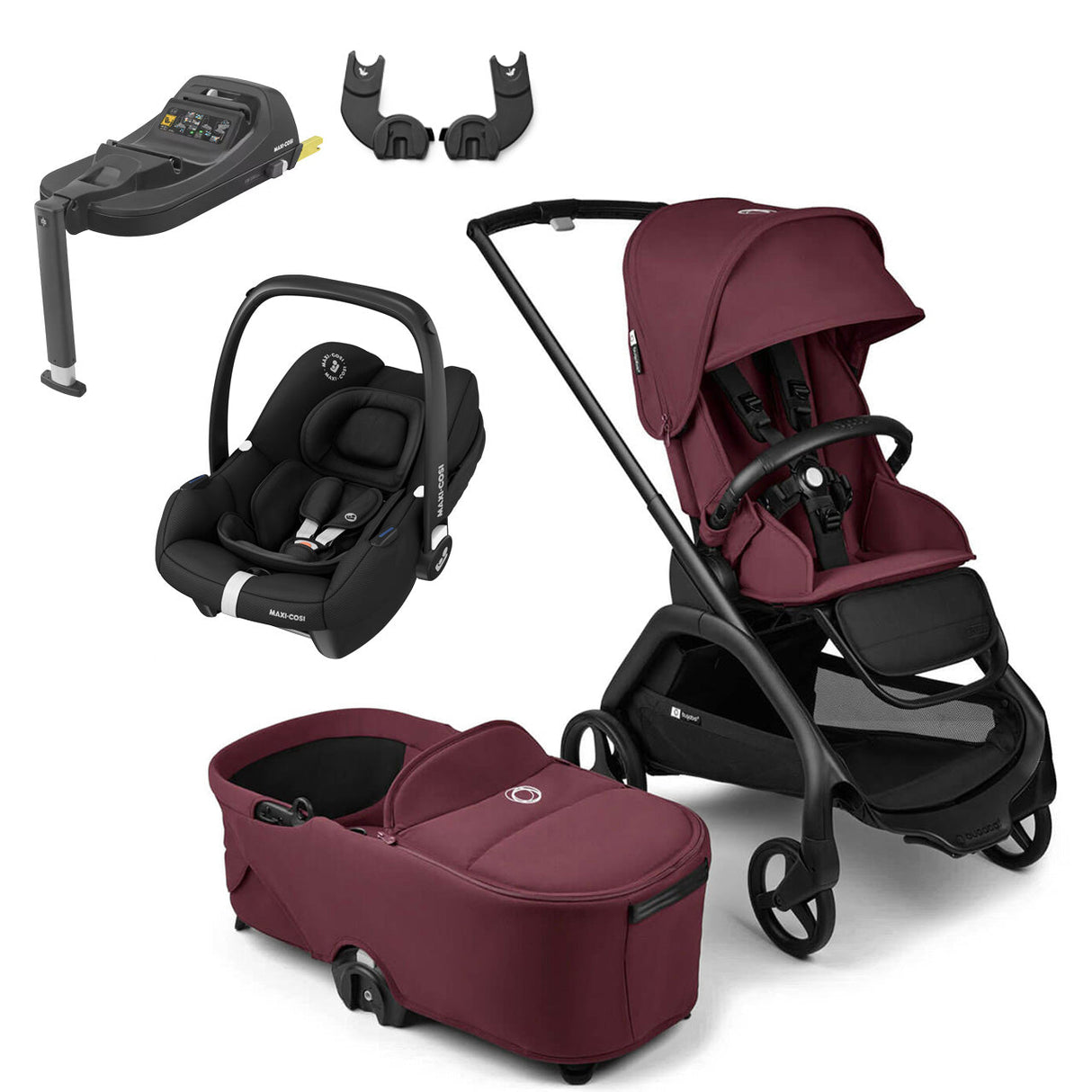 Bugaboo Dragonfly Travel System with Maxi-Cosi Cabriofix i-Size + Isofix Base - Black/Dark Cherry 1