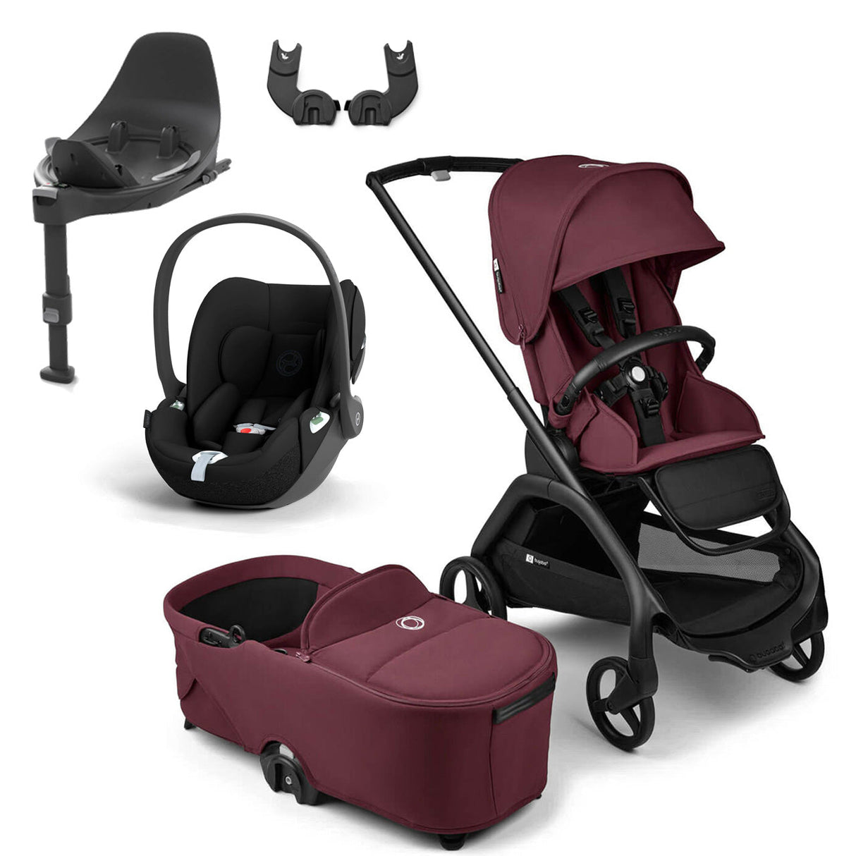 Bugaboo Dragonfly Travel System with Cybex Cloud T + Rotating Isofix Base - Black/Dark Cherry 1