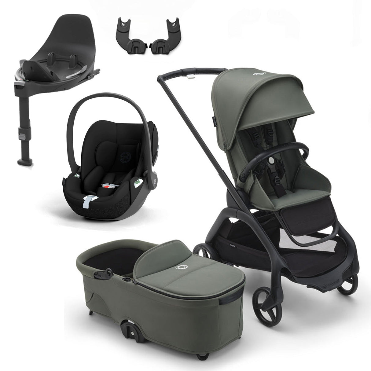 Bugaboo Dragonfly Travel System with Cybex Cloud T + Rotating Isofix Base - Black/Forest Green 1