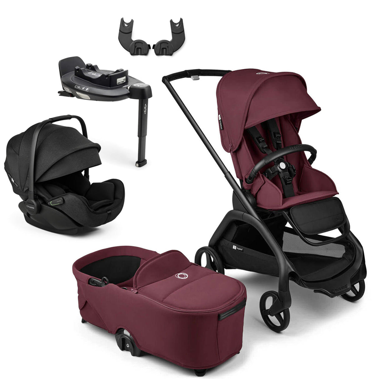 Bugaboo Dragonfly Travel System with Otter 360 + Rotating Isofix Base - Black/Dark Cherry 1