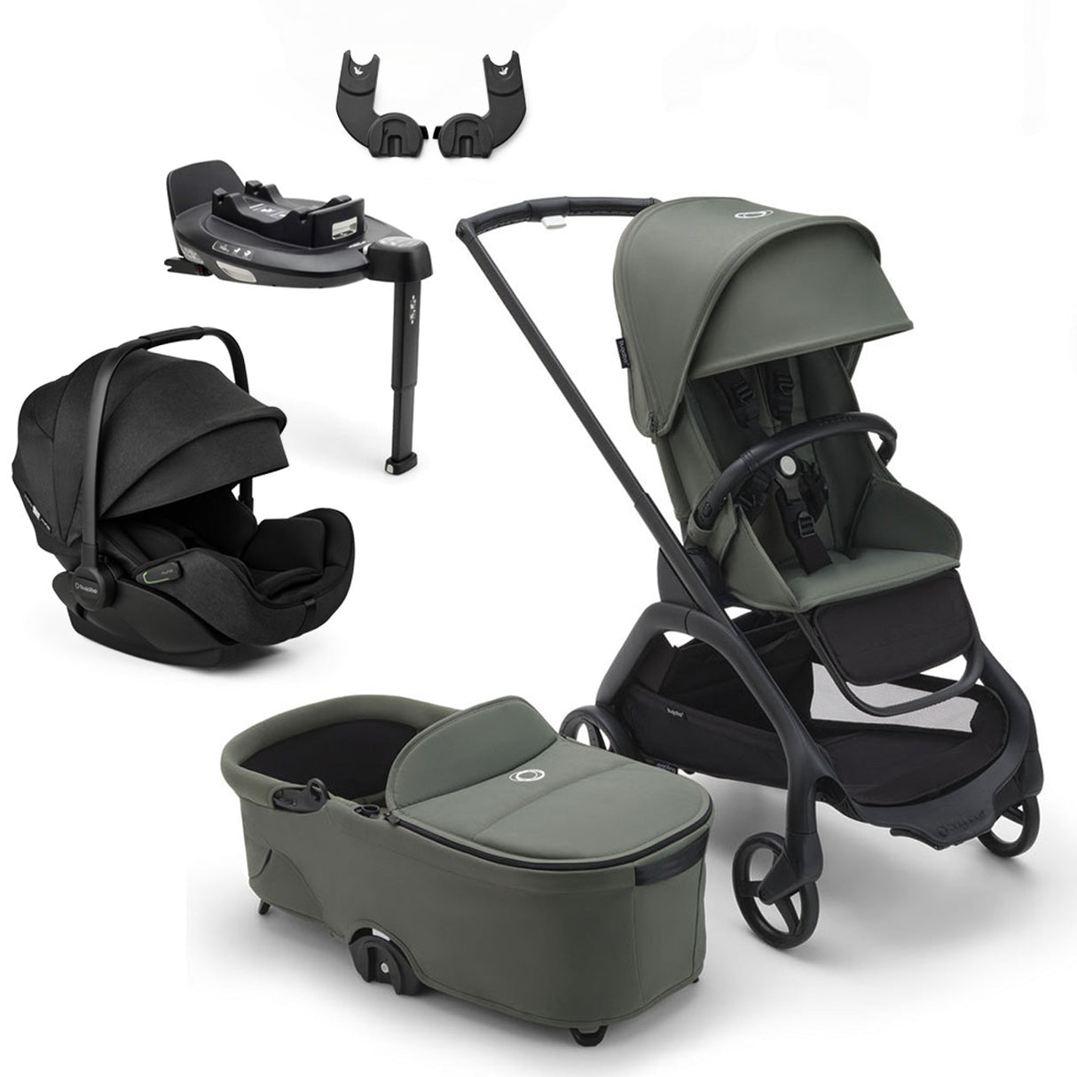 Bugaboo Dragonfly Travel System with Otter 360 + Rotating Isofix Base - Black/Forest Green 1