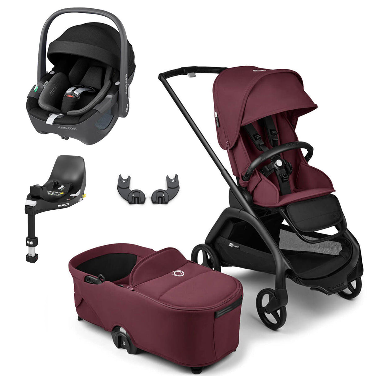 Bugaboo Dragonfly Travel System with Maxi-Cosi Pebble 360 + Rotating Isofix Base - Black/Dark Cherry 1