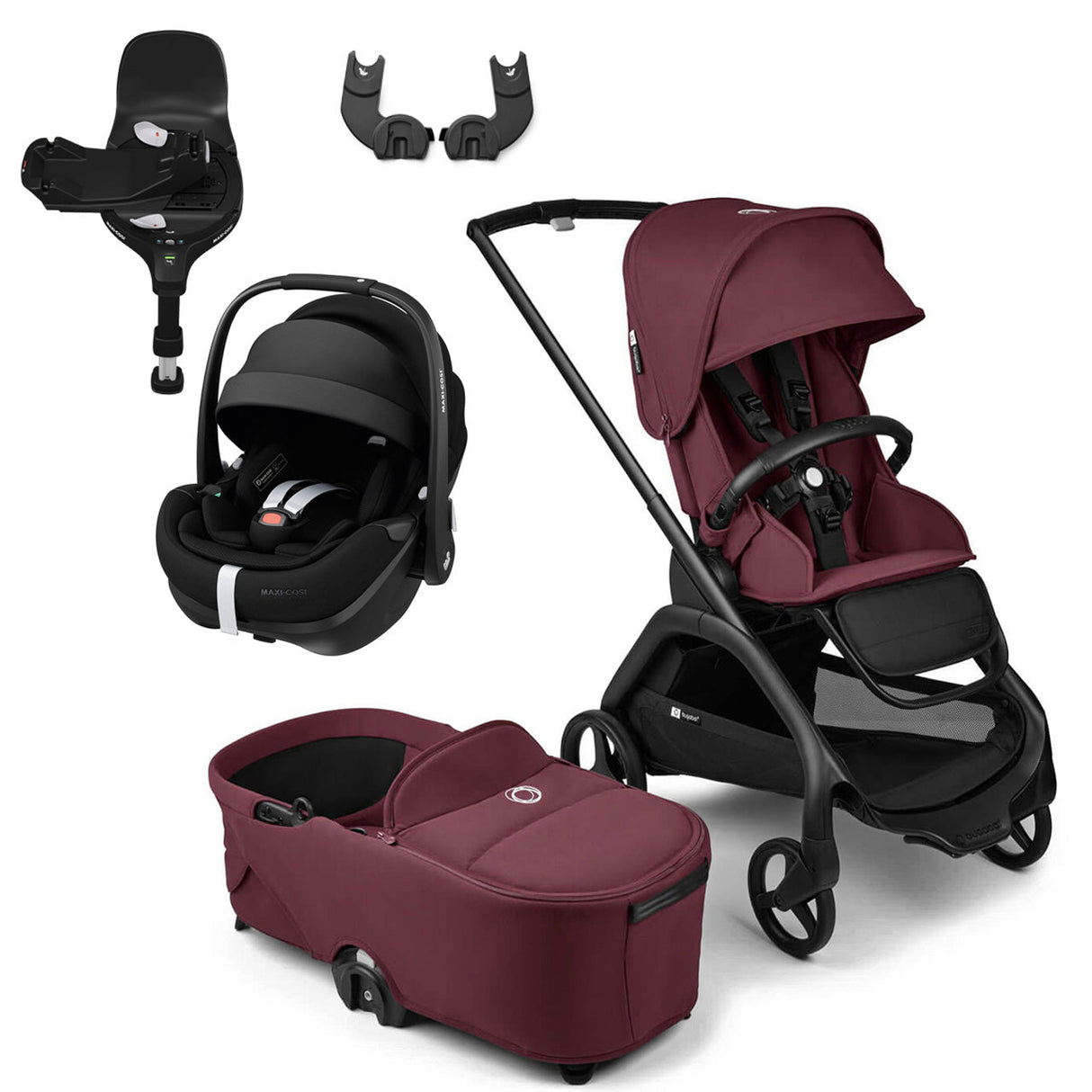 Bugaboo Dragonfly Travel System with Maxi-Cosi Pebble 360 Pro2 + Rotating/Sliding Base - Black/Dark Cherry 1