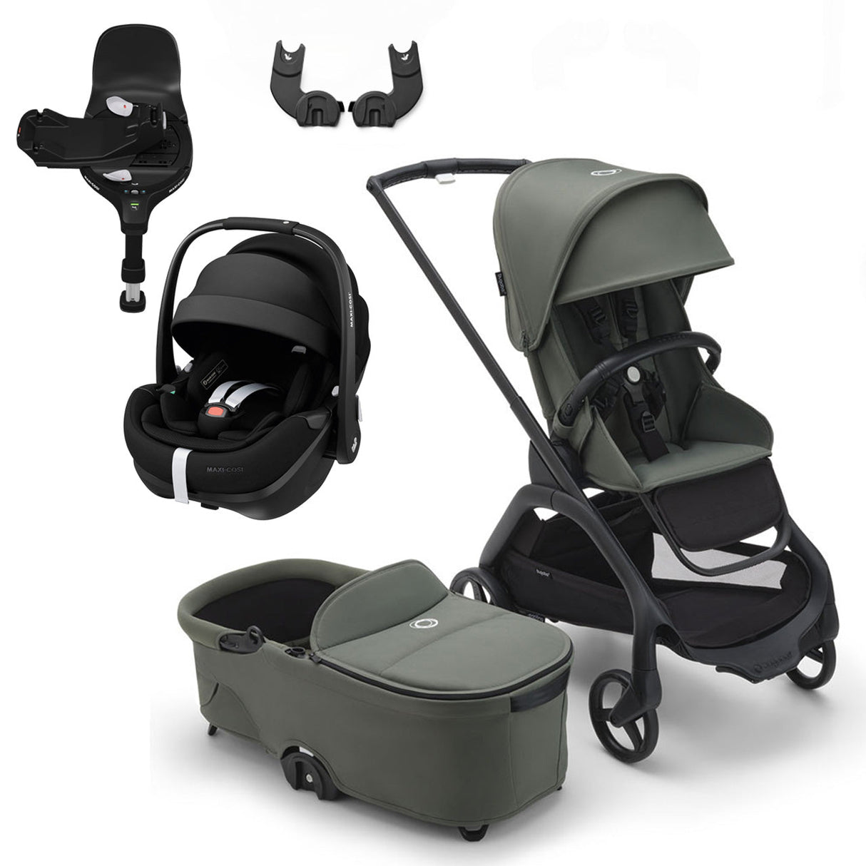 Bugaboo Dragonfly Travel System with Maxi-Cosi Pebble 360 Pro2 + Rotating/Sliding Base - Black/Forest Green 1