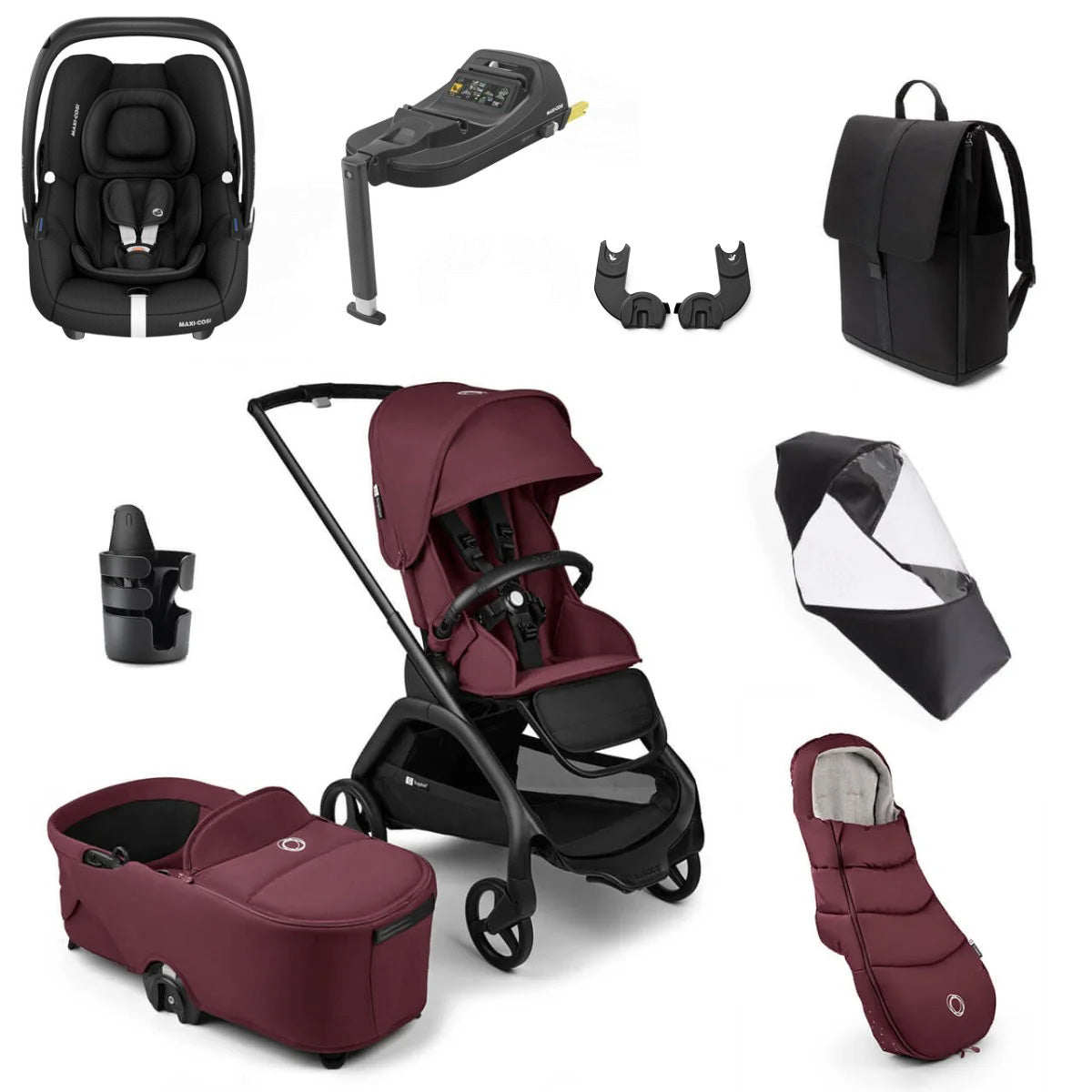 Bugaboo Dragonfly Ultimate Maxi-Cosi Cabriofix i-Size Travel System Bundle - Black/Dark Cherry 1