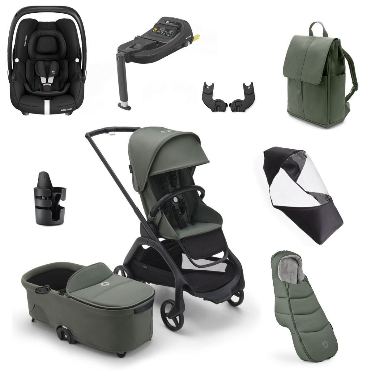 Bugaboo Dragonfly Ultimate Maxi-Cosi Cabriofix i-Size Travel System Bundle - Black/Forest Green 1