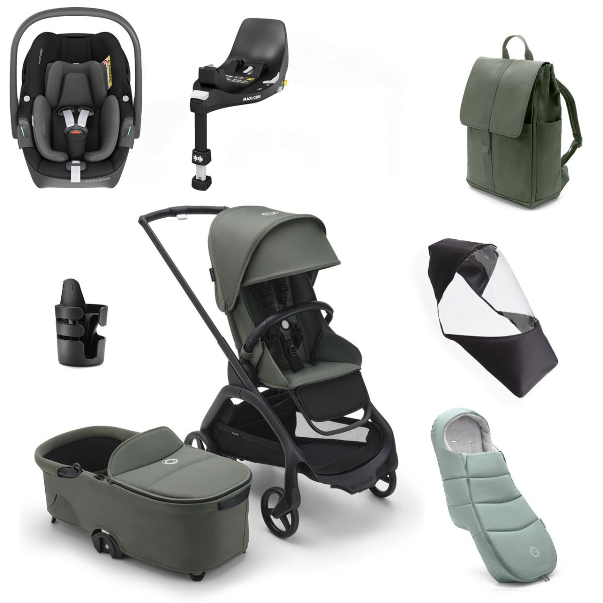 Bugaboo Dragonfly Ultimate Maxi-Cosi Pebble 360 Travel System Bundle - Black/Forest Green 1
