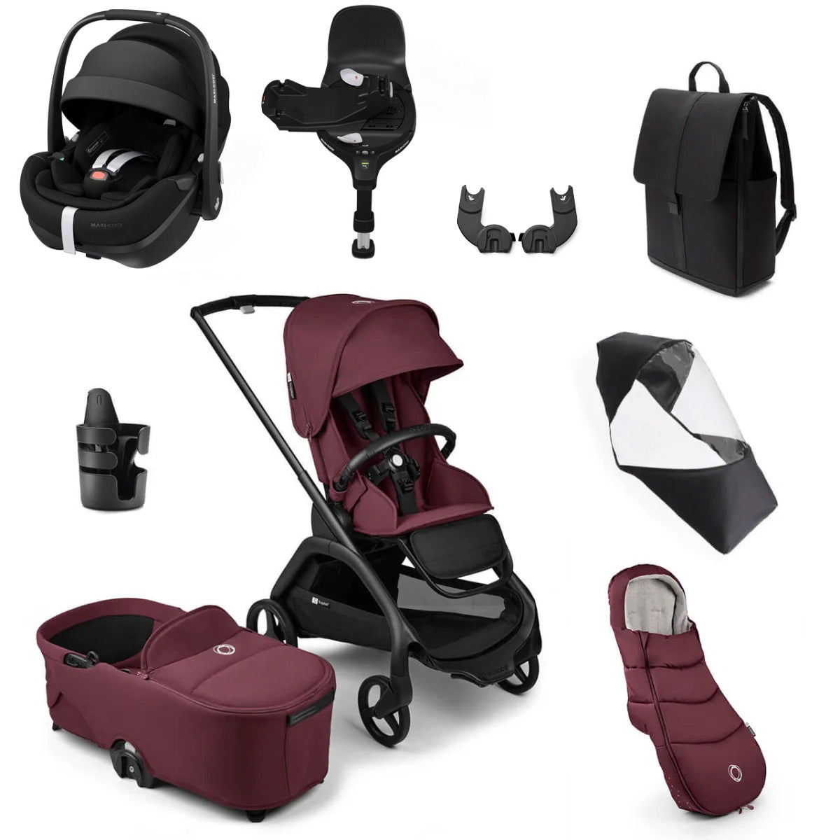 Bugaboo Dragonfly Ultimate Maxi-Cosi Pebble 360 Pro2 Travel System Bundle - Black/Dark Cherry 1