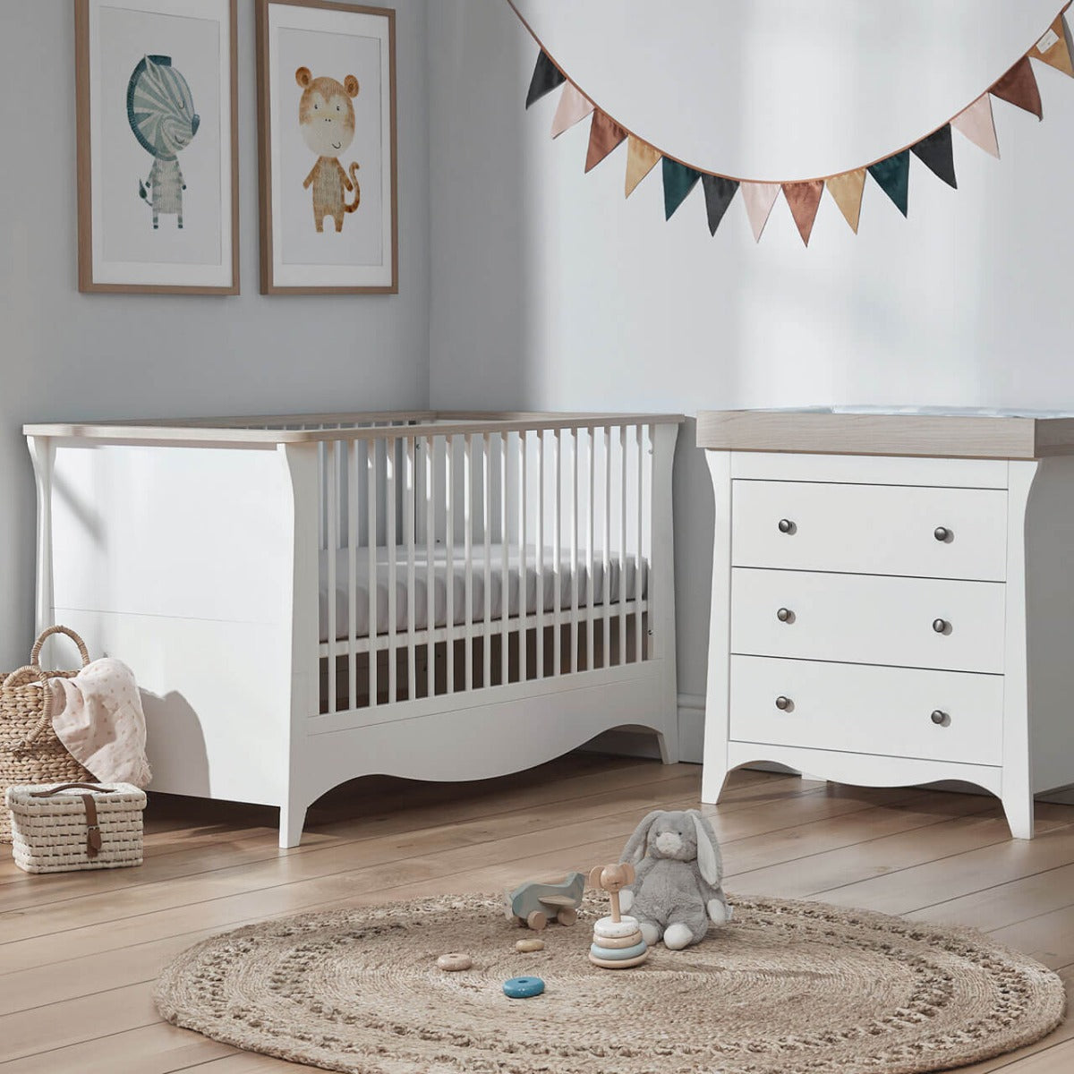 CuddleCo Clara 2 Piece Nursery Furniture Set (Cot Bed & Dresser) - White and Ash 1