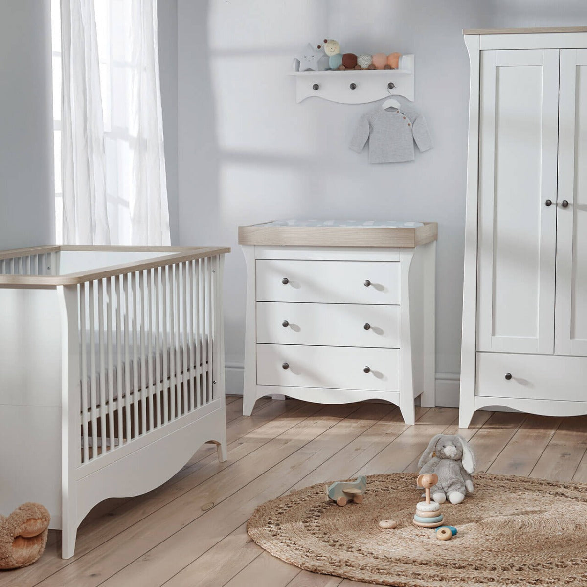 CuddleCo Clara 3 Piece Nursery Furniture Set (Cot Bed, Dresser & Wardrobe) - White and Ash 1