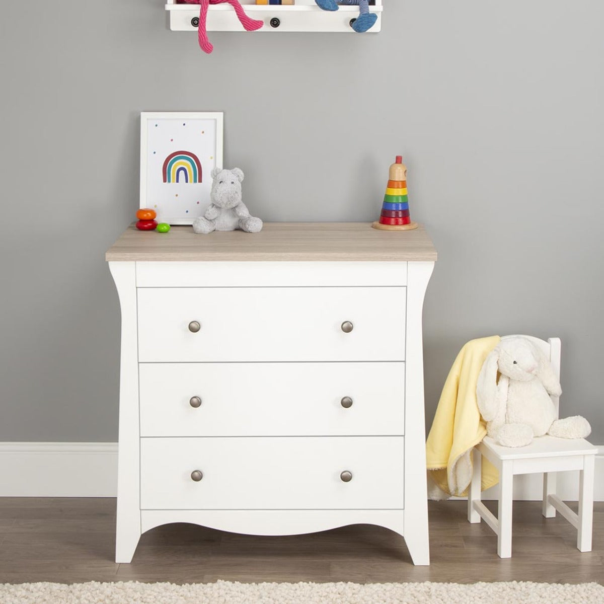 CuddleCo Clara 3 Piece Nursery Furniture Set (Cot Bed, Dresser & Wardrobe) - White and Ash 2