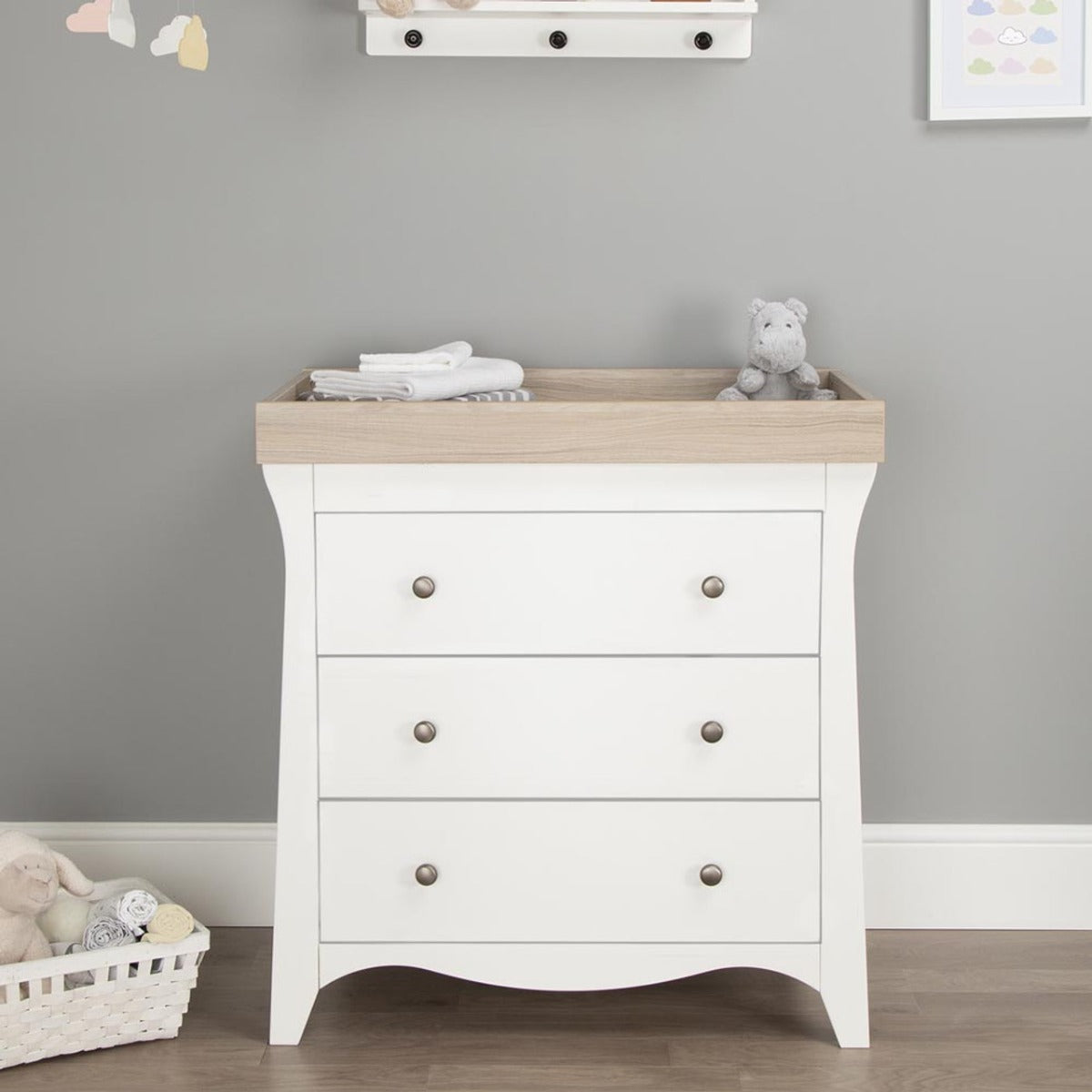 CuddleCo Clara 3 Piece Nursery Furniture Set (Cot Bed, Dresser & Wardrobe) - White and Ash 3