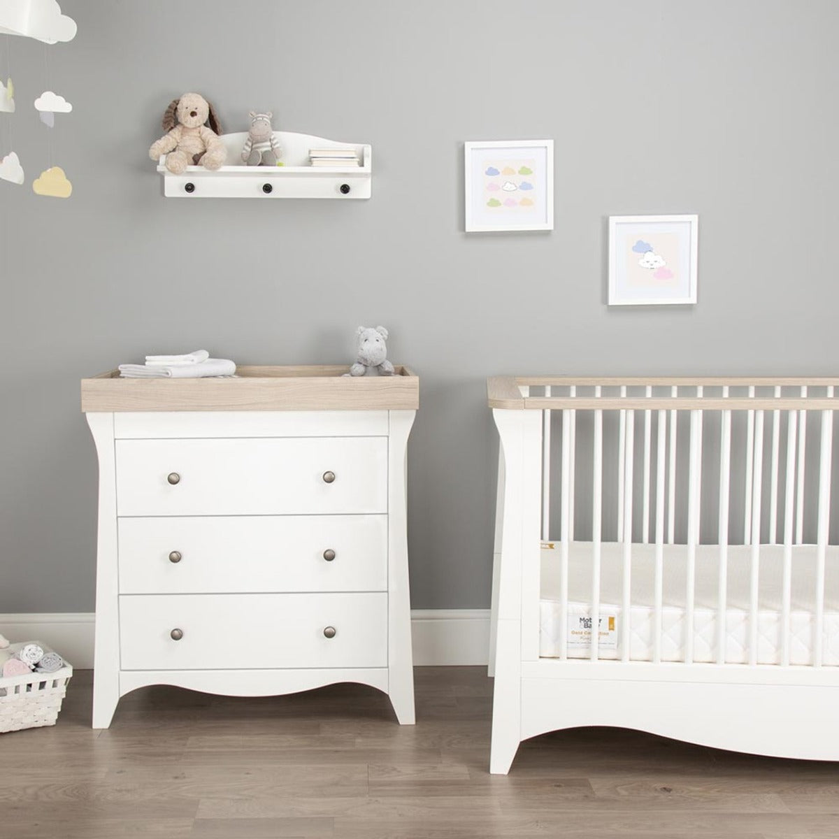 CuddleCo Clara 3 Piece Nursery Furniture Set (Cot Bed, Dresser & Wardrobe) - White and Ash 19