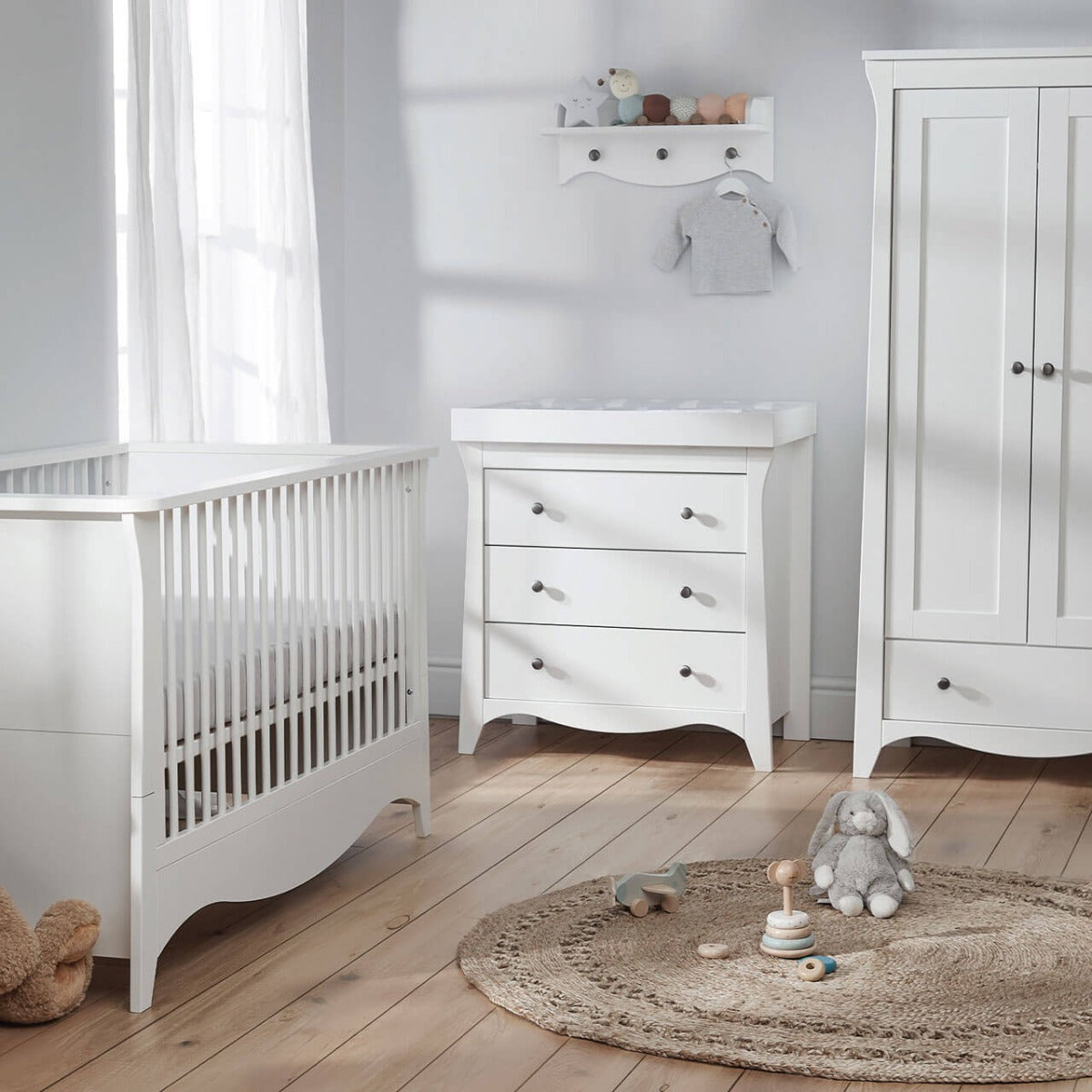 CuddleCo Clara 3 Piece Nursery Furniture Set (Cot Bed, Dresser & Wardrobe) - White 1