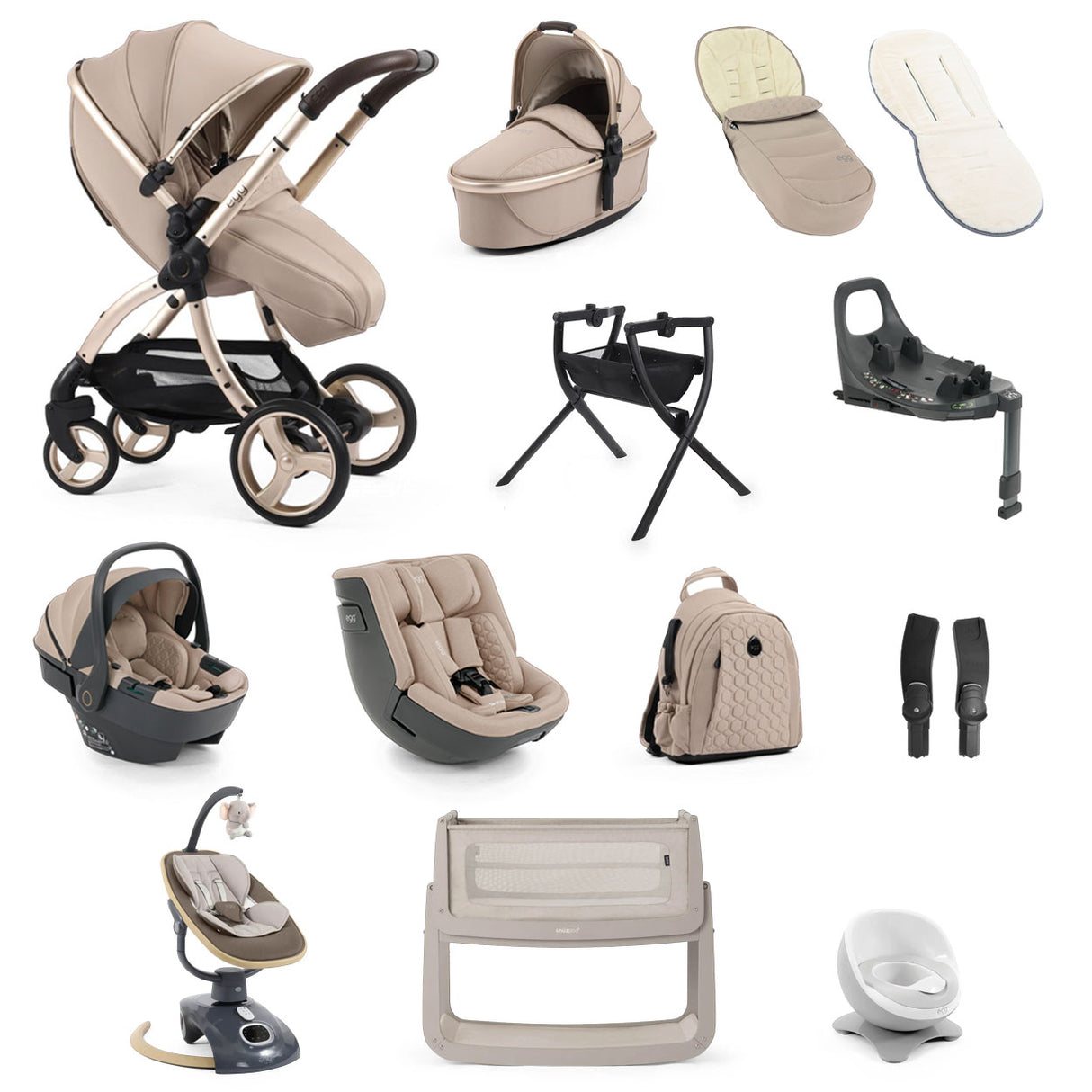 Egg 3 Ultimate Shell 360 Car Seat & Nursery Essentials Bundle - Feather
