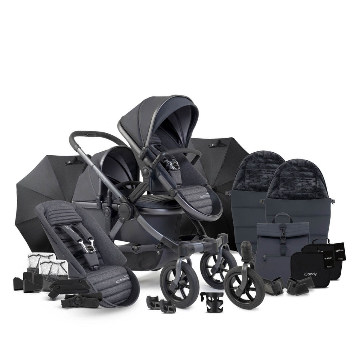 iCandy Peach 7 All-Terrain Double Complete Pushchair & Accessories Bundle - Nimbus/Storm 1
