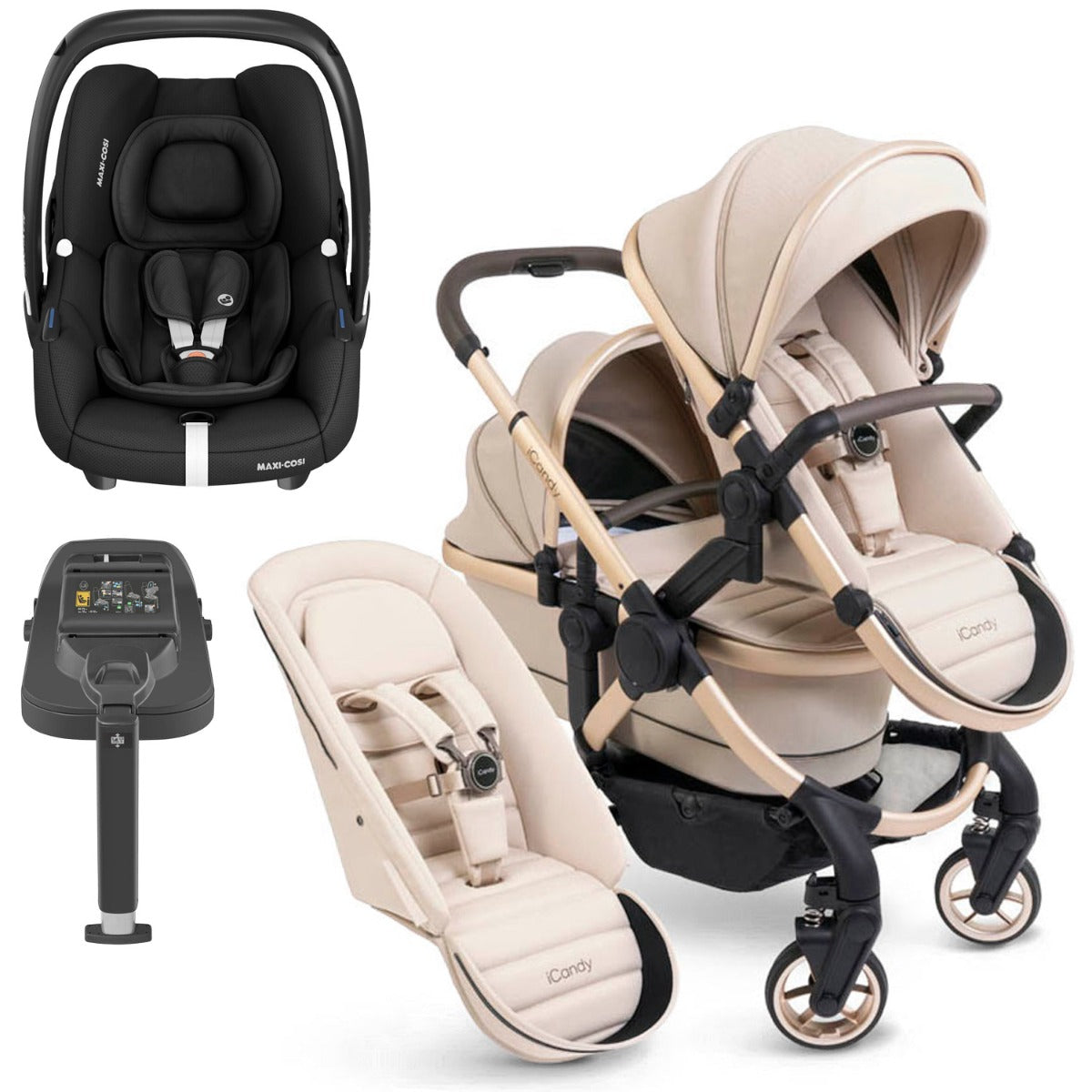 iCandy Peach 7 Double Pushchair Travel System Bundle with Maxi-Cosi Cabriofix i-Size Car Seat & Base - Biscotti 1