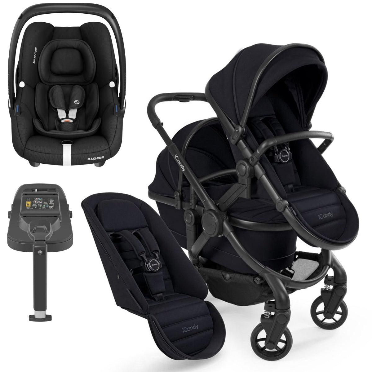 iCandy Peach 7 Double Travel System Bundle with Maxi-Cosi Cabriofix i-Size Car Seat & Base - Black Edition 1