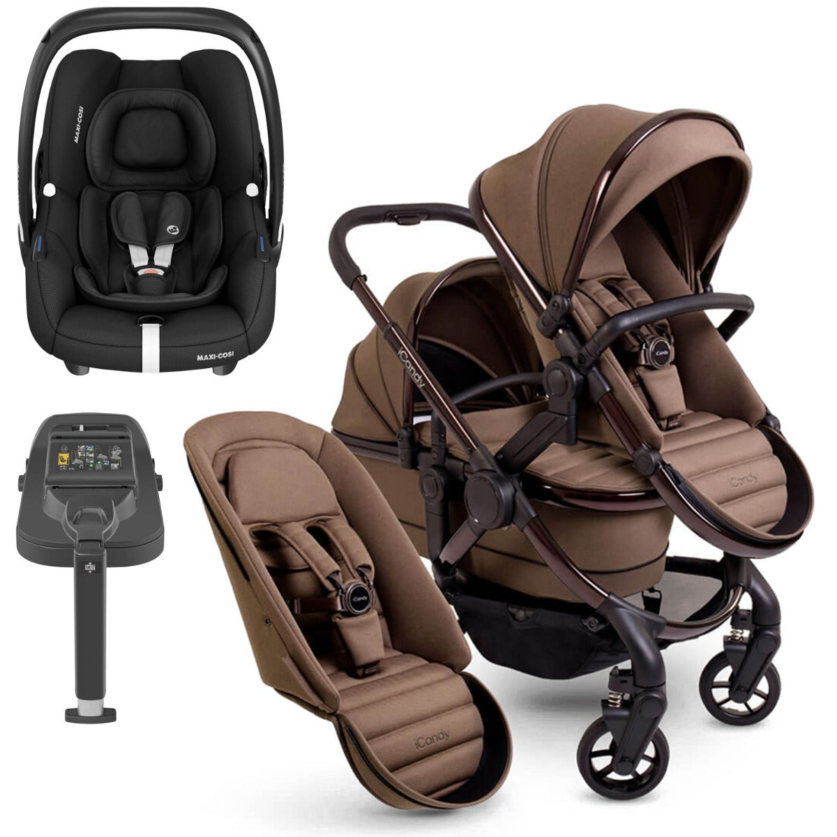 iCandy Peach 7 Double Pushchair Travel System Bundle with Maxi-Cosi Cabriofix i-Size Car Seat & Base - Coco 1