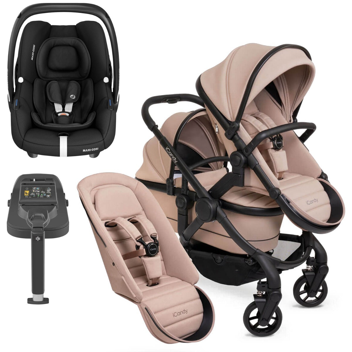 iCandy Peach 7 Double Pushchair Travel System Bundle with Maxi-Cosi Cabriofix i-Size Car Seat & Base - Cookie 1