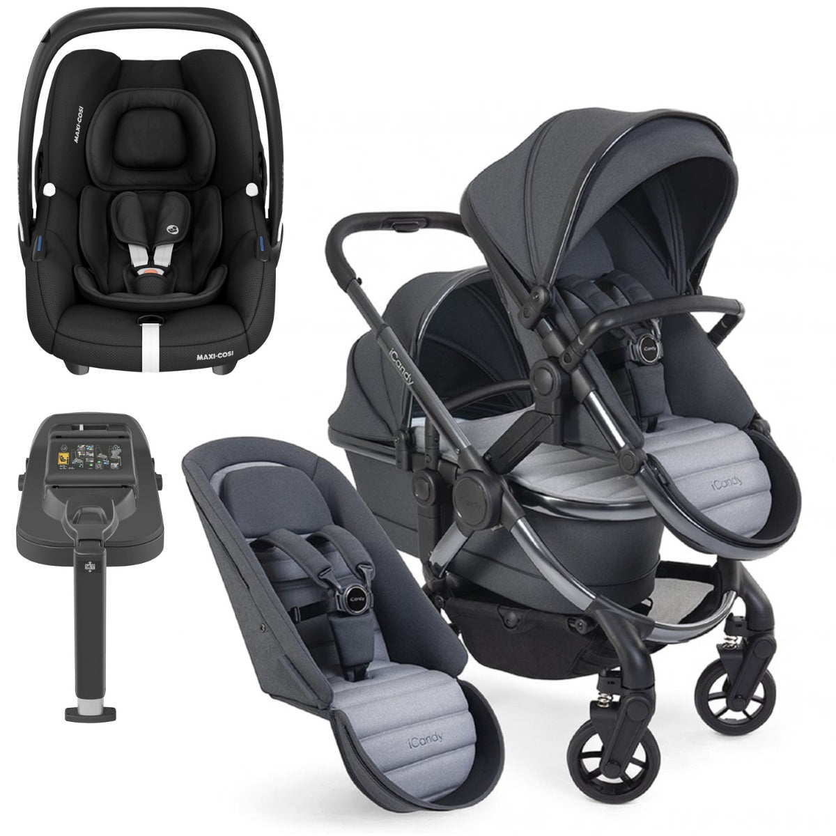 iCandy Peach 7 Double Pushchair Travel System Bundle with Maxi-Cosi Cabriofix i-Size Car Seat & Base - Truffle 1