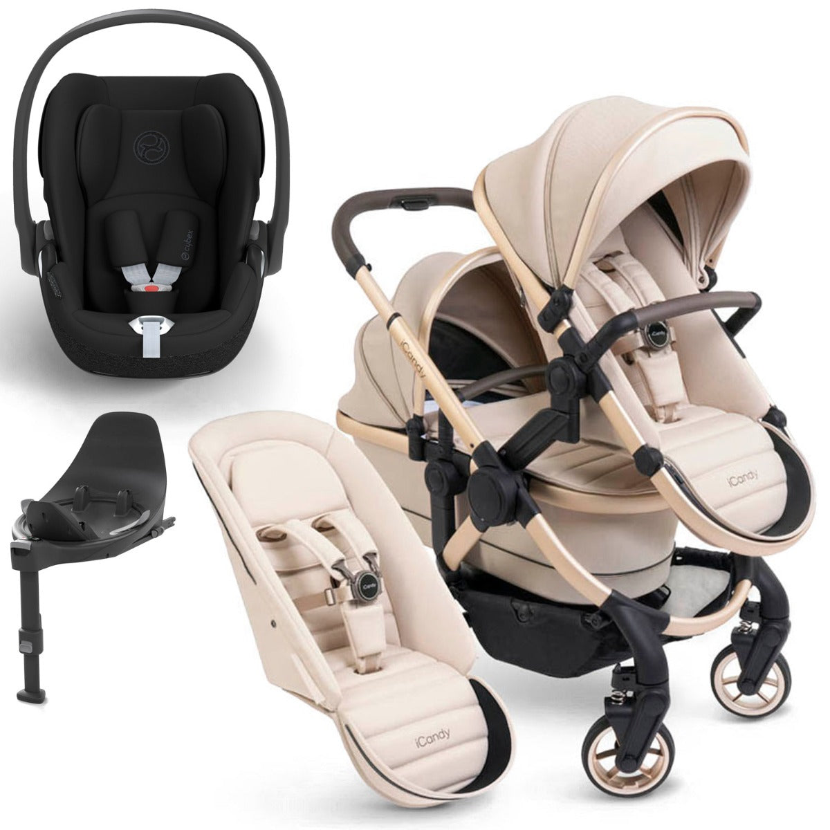 iCandy Peach 7 Double Travel System Bundle with Cybex Cloud T iSize Car Seat & Base - Biscotti 1