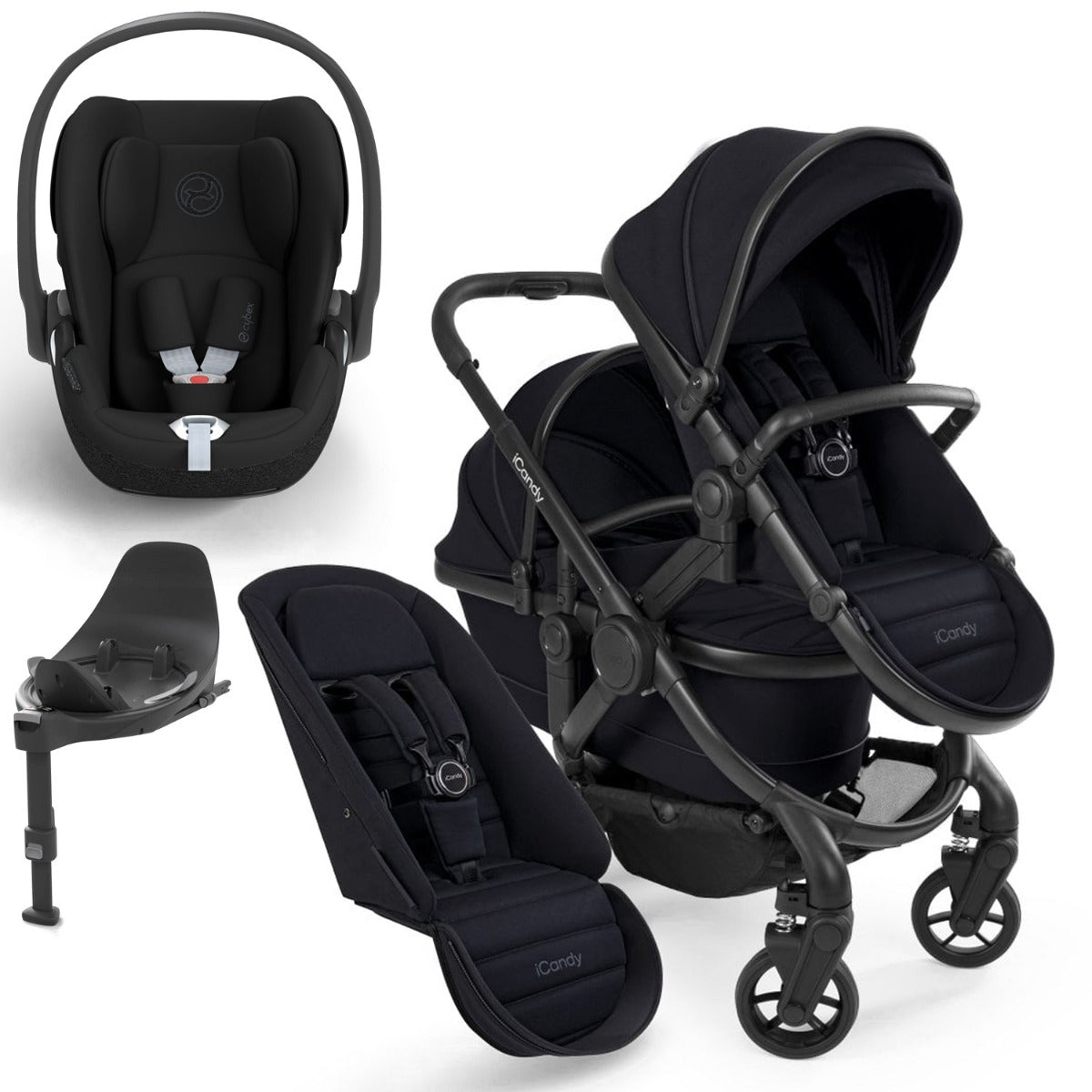 iCandy Peach 7 Double Travel System Bundle with Cybex Cloud T iSize Car Seat & Base - Black Edition 1