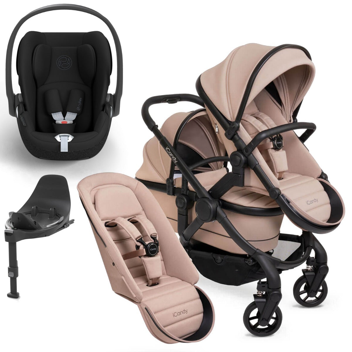iCandy Peach 7 Double Travel System Bundle with Cybex Cloud T iSize Car Seat & Base - Cookie 1