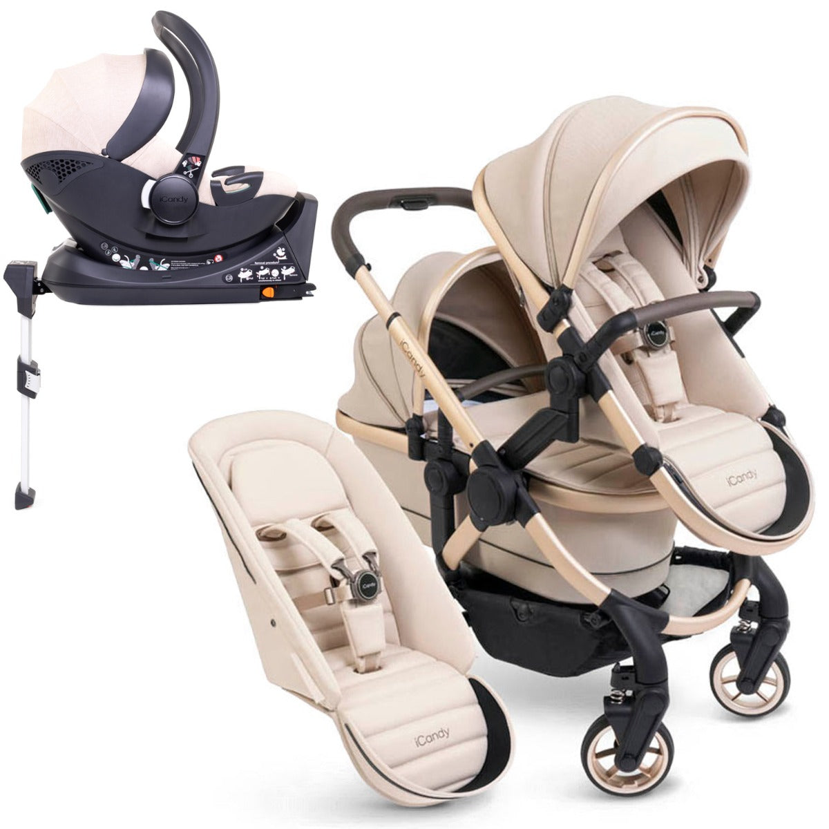 iCandy Peach 7 Double Travel System Bundle with Cocoon iSize Car Seat & Base - Biscotti 1