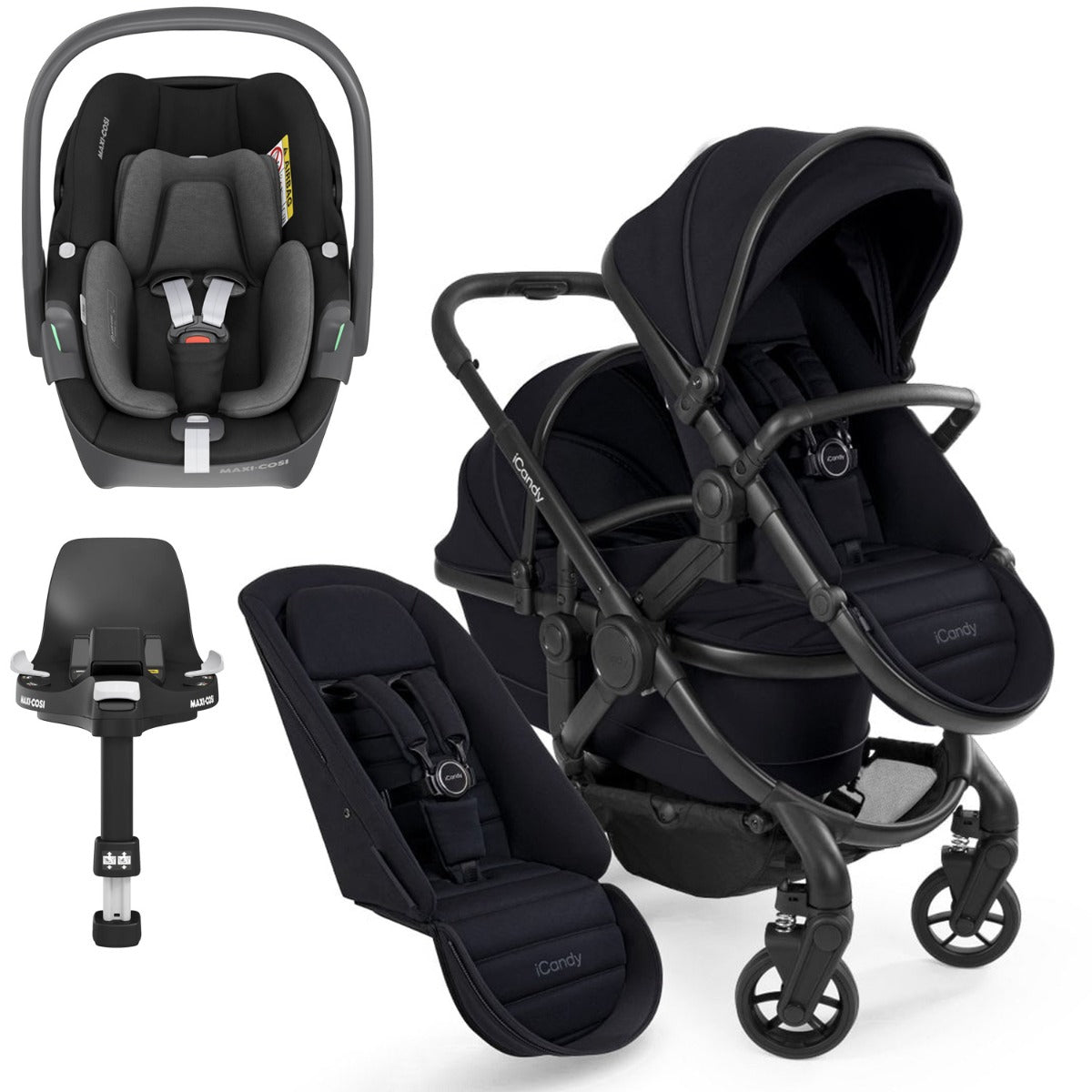 iCandy Peach 7 Double Travel System Bundle with Maxi-Cosi Pebble 360 iSize Car Seat & Base - Black Edition 1