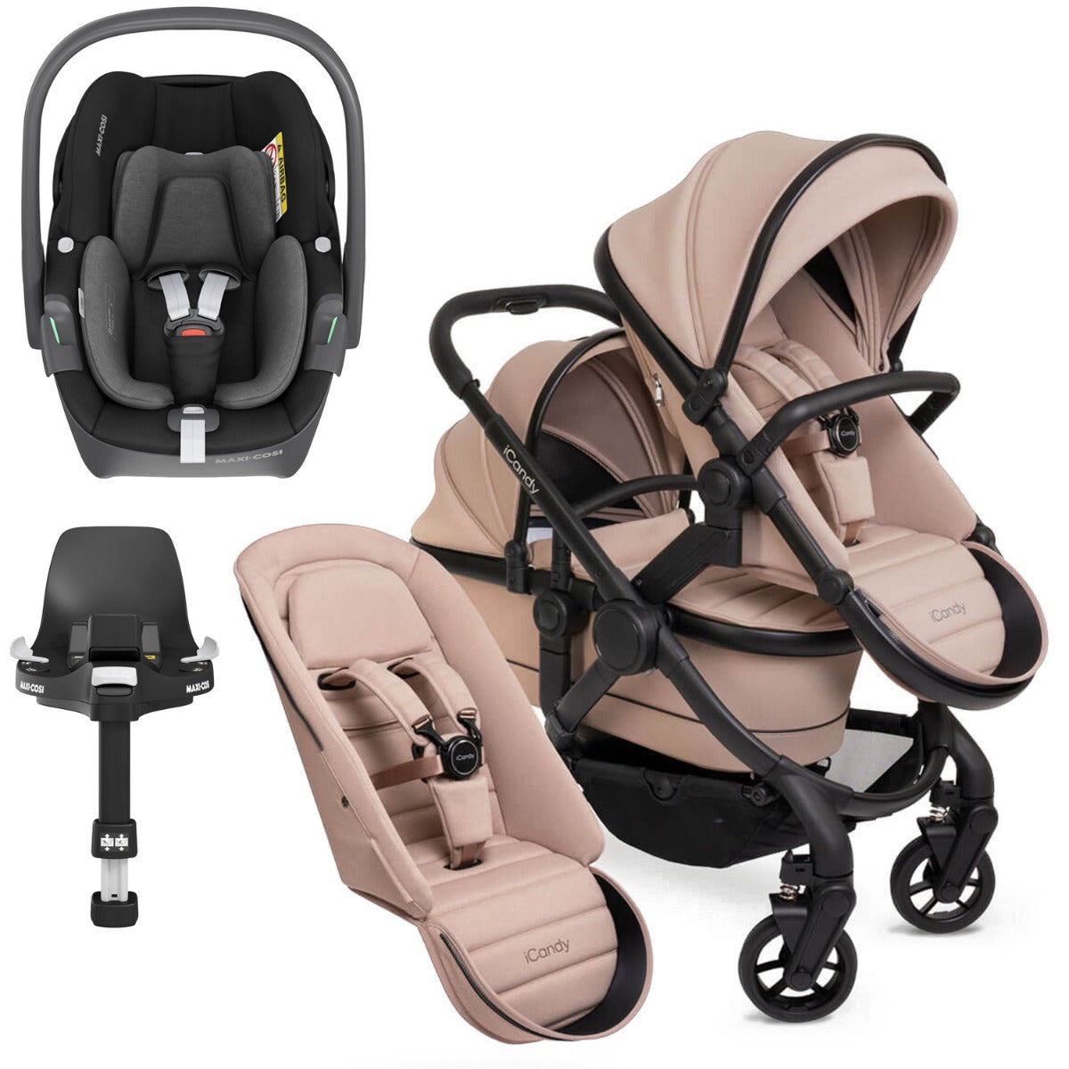 iCandy Peach 7 Double Pushchair Travel System Bundle with Maxi-Cosi Pebble 360 iSize Car Seat & Base - Cookie 1