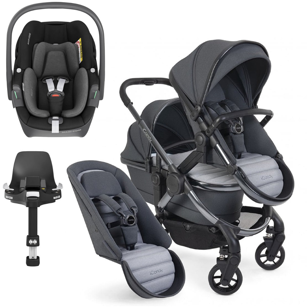 iCandy Peach 7 Double Pushchair Travel System Bundle with Maxi-Cosi Pebble 360 iSize Car Seat & Base - Truffle 1