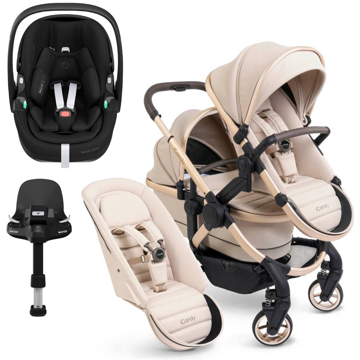 iCandy Peach 7 Double Travel System Bundle with Maxi-Cosi Pebble 360 Pro2 iSize Car Seat & Base - Biscotti 1