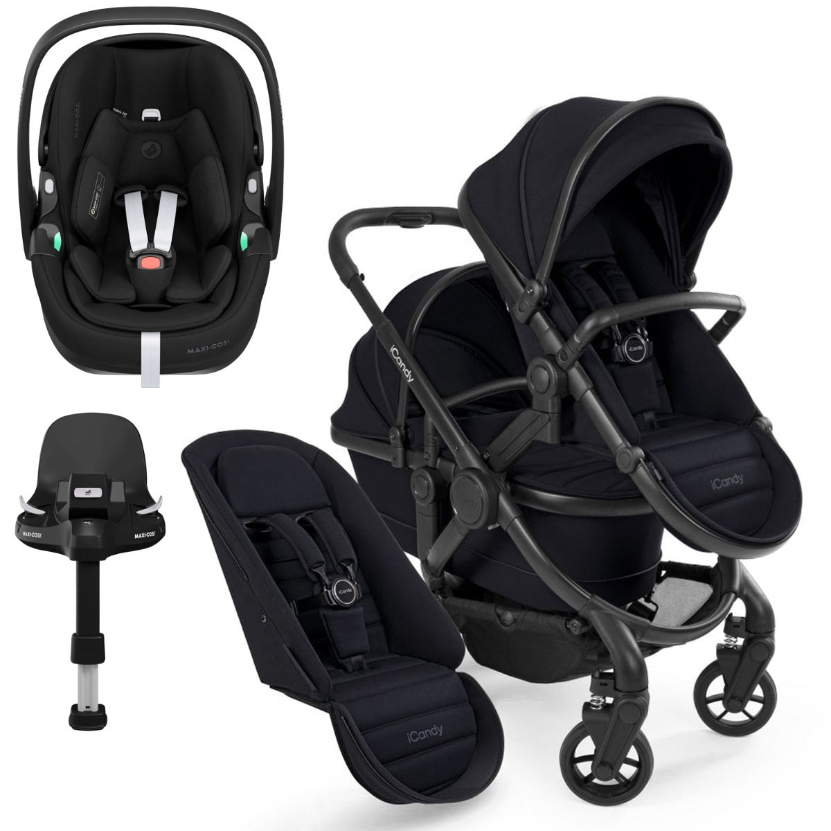 iCandy Peach 7 Double Travel System Bundle with Maxi-Cosi Pebble 360 Pro2 iSize Car Seat & Base - Black Edition 1