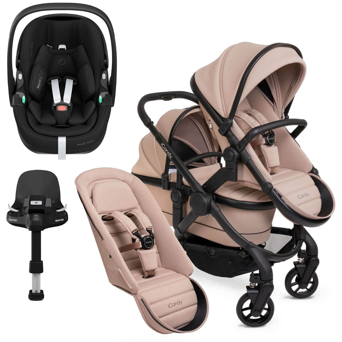 iCandy Peach 7 Double Travel System Bundle with Maxi-Cosi Pebble 360 Pro2 iSize Car Seat & Base - Cookie 1