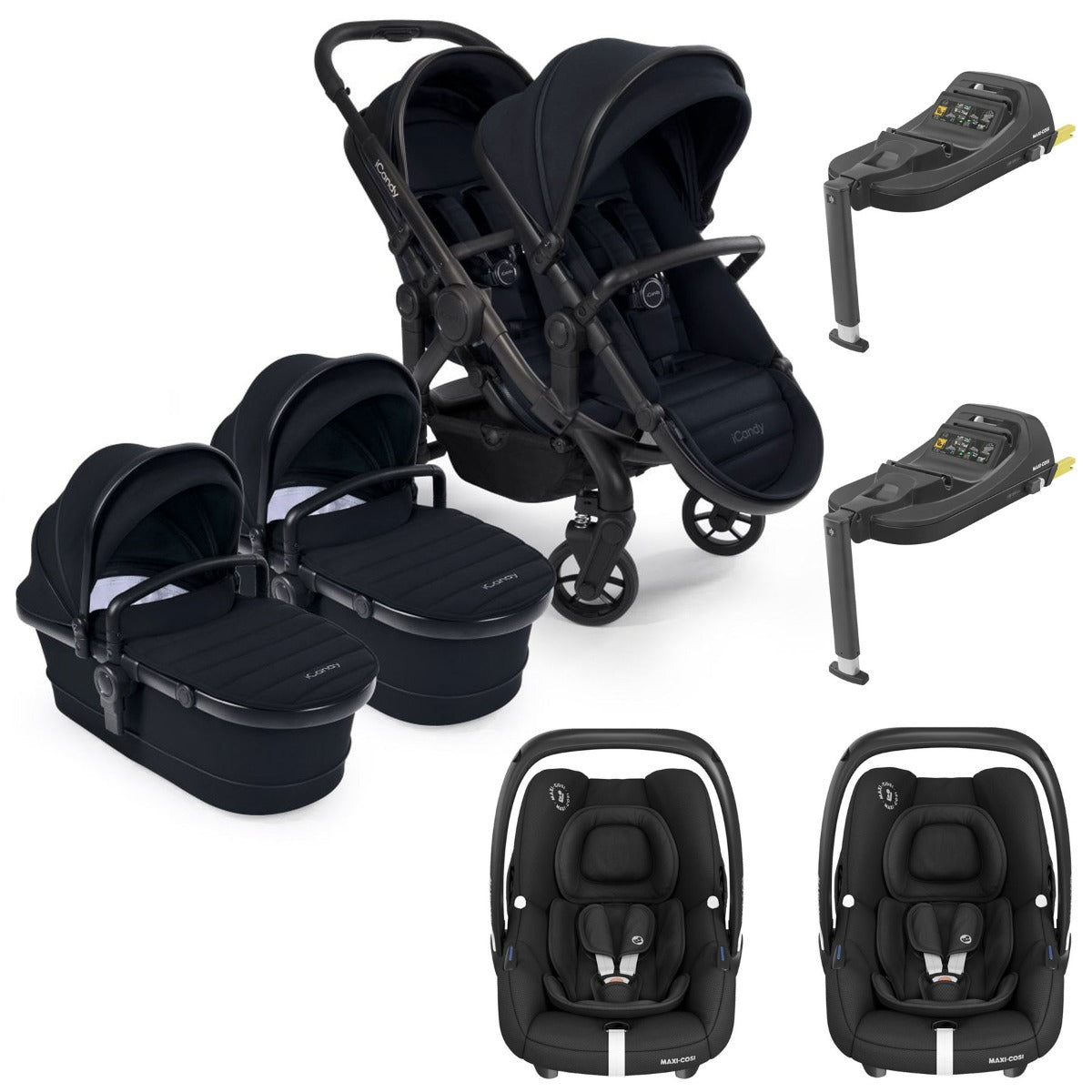 iCandy Peach 7 Twin Pushchair Travel System Bundle with Maxi-Cosi Cabriofix iSize Car Seat & Base - Black Edition 1