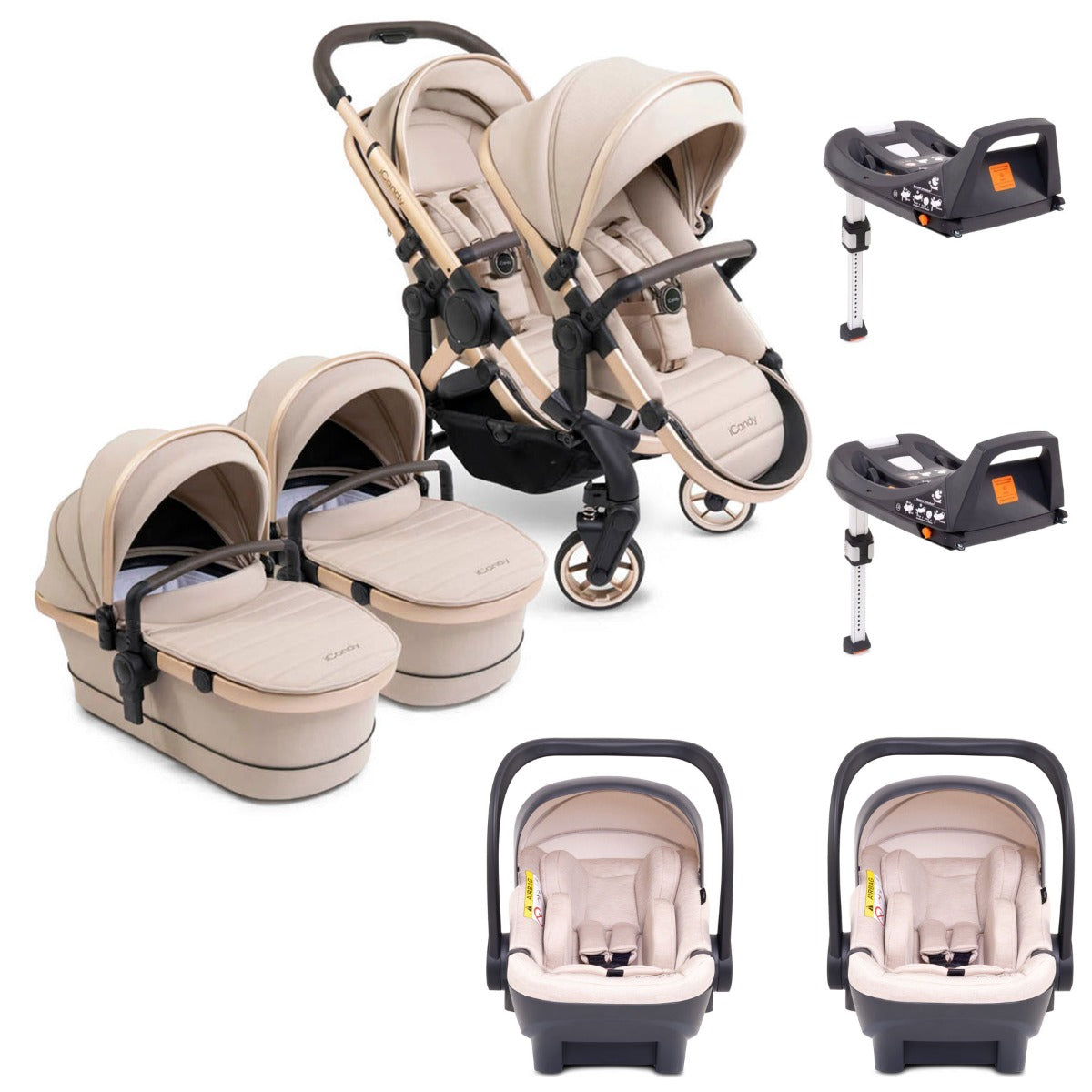 iCandy Peach 7 Twin Pushchair Travel System Bundle with Cocoon iSize Car Seat & Base - Biscotti 1