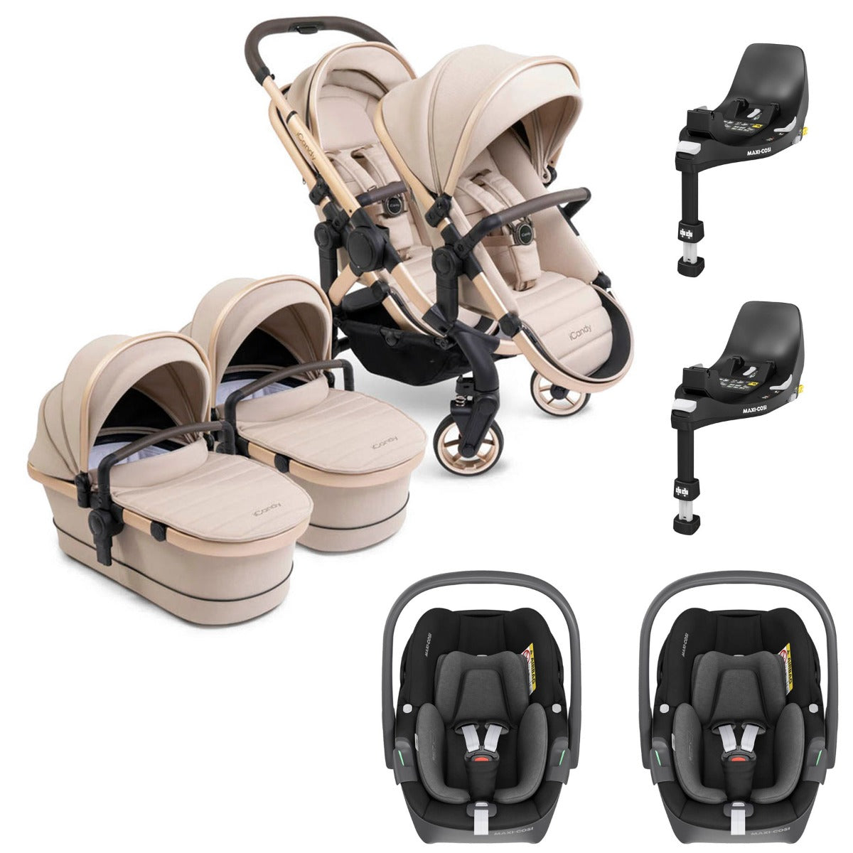 iCandy Peach 7 Twin Pushchair Travel System Bundle with Maxi-Cosi Pebble 360 iSize Car Seat & Base - Biscotti 1